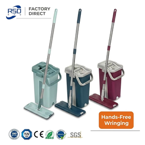Wet Dry Hands-Free 360 Swivel Adjustable Microfiber Two Mop Cloth Stainless Steel Pole Home Floor Cleaning Flat Mop Bucket Set