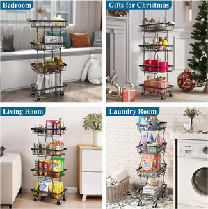 Huangtu सहायक पहियों के साथ ट्राली फल और सब्जी भंडारण ट्राली हटाने योग्य 4 स्तरीय 5 स्तरीय गैर-पर्ची पैर धातु टोकरी - Product Image 6