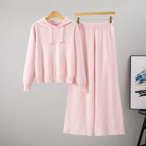 Ensemble de vêtements de détente en tricot doux pour femmes, sweat à capuche brodé et <span class=keywords><strong>pantalon</strong></span> large, tenue deux pièces - Product Image 5