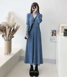 <span class=keywords><strong>Robe</strong></span> longue à manches longues à col en V de style français avec une taille cintrée <span class=keywords><strong>Robe</strong></span> de base en forme de A <span class=keywords><strong>Robe</strong></span> <span class=keywords><strong>pull</strong></span> pour femmes - Product Image 1