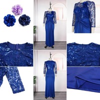 Robe de soirée de luxe S10810 élégante à col rond et manches 3/4 en dentelle et sequins, robe de cérémonie formelle pour femme, robes africaines d'église + fleur