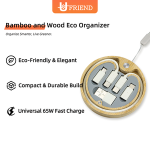 Custom Logo Bamboo <b>USB</b> Cable Set Round Tangle Free Charging Cable Organizer With Carabiner - Product Image 3