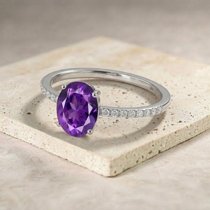 Oval Cut <b>Amethyst</b> Engagement <b>Ring</b> 925 Sterling <b>Silver</b> Prong Setting Dainty Diamond Band Natural <b>Amethyst</b> Women's Gift - Product Image 4