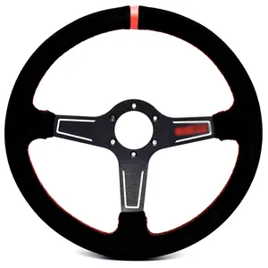 Universele 35Cm/14Inch 6-Bouten Auto Racing Steering Wheel Met Hoorn Rode Opgeruwde Suède + aluminium