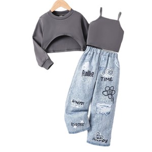 Abbigliamento all'ingrosso per bambini primavera autunno: T-shirt a maniche lunghe a tinta unita, gilet e jeans per bambine - Product Image 3