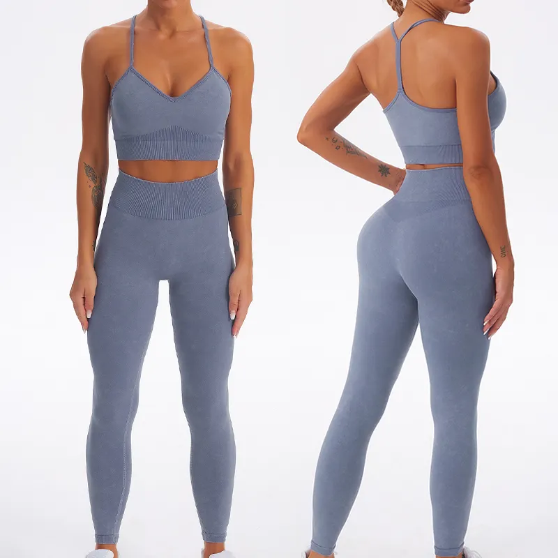 Nieuw Ontwerp Activewear Moderne Vrouwen Gym Naadloze Yoga Set Oem Odm Workout Strakke Zand Wash 2 Stuk Yoga Set