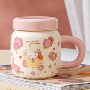 Mug en céramique avec couvercle, motif lapin de dessin animé fleur de cerisier, grande capacité, style maison de haute valeur <span class=keywords><strong>pour</strong></span> petite fille - Product Image 3