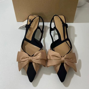 French Style Heel <b>Sandals</b> for Women - Pointed Toe Bow Decoration Color Block Cutout Heel with Back Strap - Product Image 2
