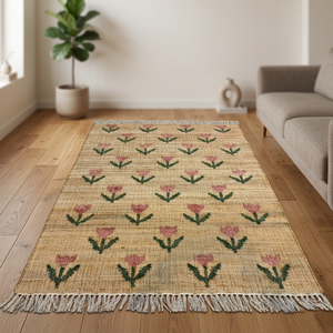 Handmade Jute Area <b>Rug</b> Floral Pattern Rectangle Farmhouse Style <b>Thin</b> Flat Weave Natural Fiber Eco-Friendly Home Decor - Product Image 3
