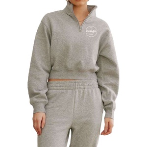 Pullover personalizzato di cotone dei pesi massimi francese Terry <span class=keywords><strong>con</strong></span> <span class=keywords><strong>cerniera</strong></span> bianca serigrafia <span class=keywords><strong>nera</strong></span> tagliata mezza Zip <span class=keywords><strong>felpa</strong></span> da <span class=keywords><strong>donna</strong></span> - Product Image 1