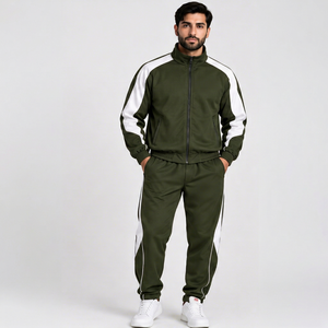 Survêtement Homme Vert Olive INDEX Style Sportif Entièrement Zippé avec Rayures Blanches Coupe Classique Vêtement d'Automne Respirant en Polyester et Coton - Product Image 1