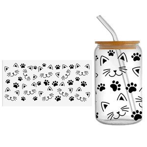 Cat 16oz libey vetro può Tumbler UV DTF adesivo avvolgente impermeabile resistente ai graffi freddo sublimazione Design Transfer - Product Image 6