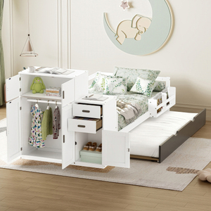 Twin Size Wood Platform <b>Bed</b> with Sample Bookshelf and Movable Wardrobe, Multifunctional <b>Bed</b> with Built-in Trundle <b>Bed</b> - Product Image 2