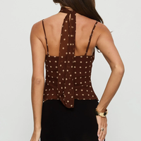 Haut en maille transparente marron à volants, col en V, bretelles spaghetti, avec écharpe pour l'été