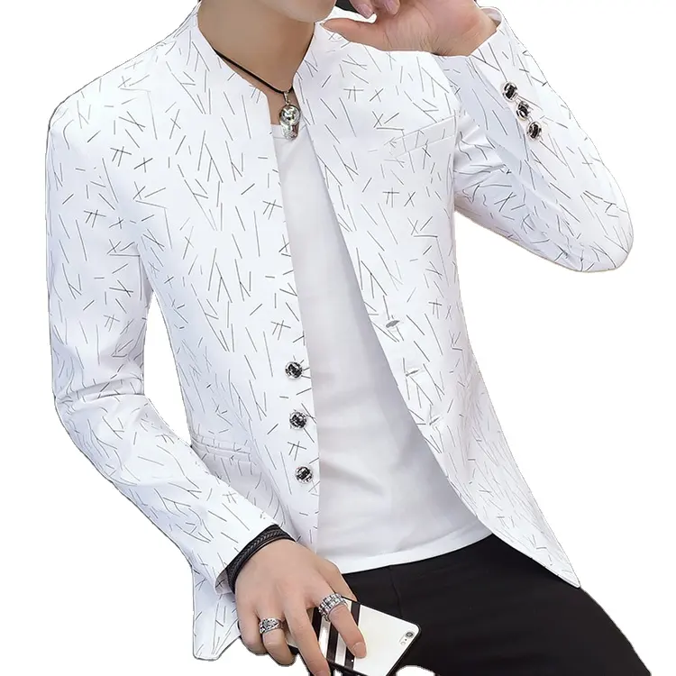 Summer Blazer Print Men Single Breasted Three Button Stand-up Collar Jacket High Quality Slim Fit Mens Suits