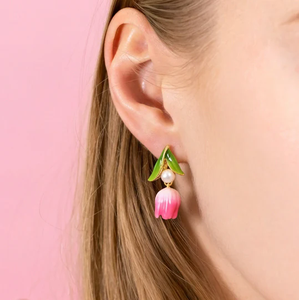 <span class=keywords><strong>Orecchini</strong></span> da Donna Placcati Oro con Smalto a Rosa e <span class=keywords><strong>Tulipano</strong></span>, Stile Vintage, in Rame con Zirconi, Motivo Geometrico Floreale - Commercio all'Ingrosso di Moda - Product Image 2