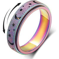 Bague anti-stress rotative en acier inoxydable dépoli motif étoile et lune, vente en gros, style assorti pour couple