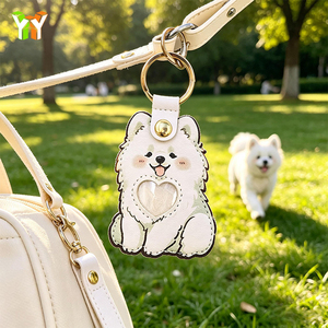 YY <span class=keywords><strong>Porte</strong></span>-clés commémoratif en cuir PU pour poils d'animaux, motif Samoyède mignon et Bulldog adorable, avec fenêtre en forme de cœur, sac de conservation des poils pour animaux de compagnie - Product Image 3