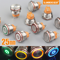 LANBOO 25A 25mm SPST 12 volts led éclairé DPDT mini interrupteur à bouton-poussoir pour l'élimination des ordures