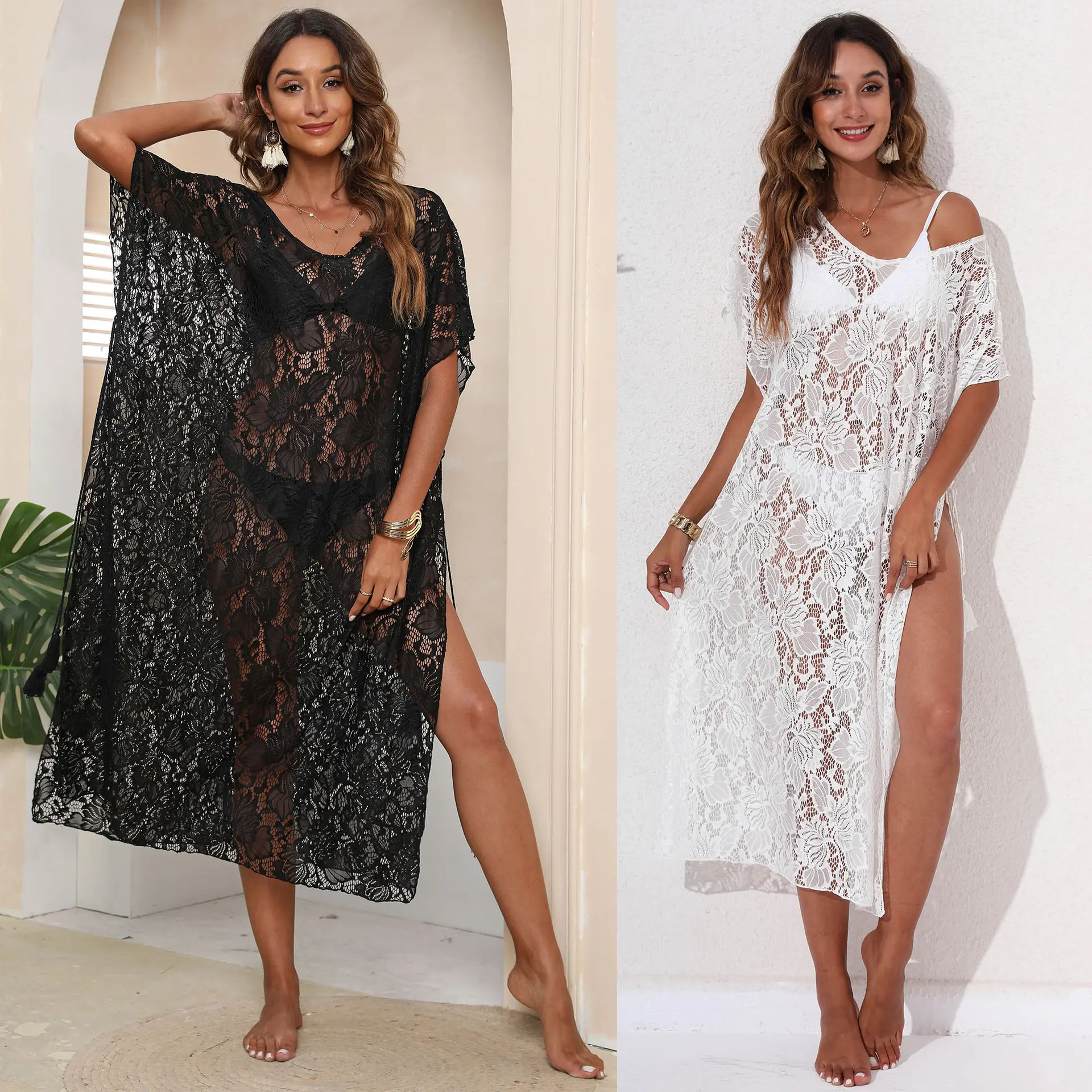 Factory Women scollo a V Sexy See Through Beach Coverup Maxi abito lungo in pizzo per le vacanze