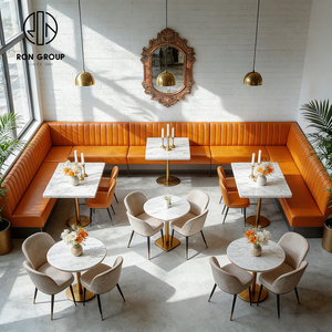 Banquette en cuir orange <span class=keywords><strong>moderne</strong></span> en forme de L, table ronde en marbre avec chaises en velours, mobilier pour café et restaurant - Product Image 1