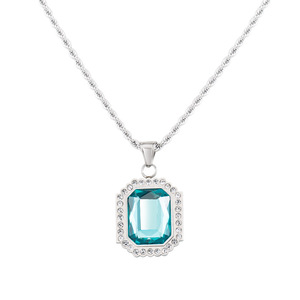 Collier pendentif en chaîne à maillons en acier inoxydable avec pierre précieuse bleue sertie pavé, design géométrique, bijoux de mode unisexe - Product Image 5