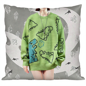 Green Dinosaur Print Knitted <b>Pullover</b> Sweater <b>Men's</b> Cartoon Embroidery Long Sleeve Regular Fit Autumn Casual Style - Product Image 2