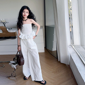 Top a Tubo Bianco con Volant per Ragazze, <span class=keywords><strong>Pantaloni</strong></span> Dritti a Vita Alta in Pizzo, Stile Coreano in Cotone Casual, Nuova Collezione 2025 Elegante per Bambine - Product Image 5