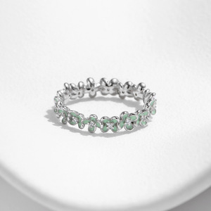 S925 Silver Cute Flower Eternity Band <b>Ring</b> In With Green Enamel And <b>Crystal</b> Stones For Women's Everyday Wear - Product Image 6