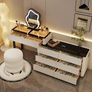 Coiffeuse en bois massif couleur crème avec commodes intégrées, bureau de maquillage, miroir LED en forme de nuage, durable et écologique - Product Image 5