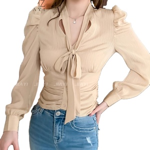 2025 nuova camicetta in <span class=keywords><strong>Chiffon</strong></span> da <span class=keywords><strong>donna</strong></span>-elegante camicia con colletto a fiocco in stile coreano con spalline tinta unita-collezione primavera-bordi arruffati - Product Image 2