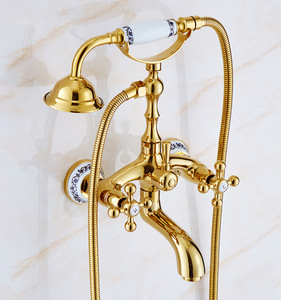 Ensemble de robinetterie à double poignée en laiton massif poli avec mitigeur, pommeau de douche mural français à jet pluie et cascade pour appartement et <span class=keywords><strong>WC</strong></span> extérieur - Product Image 1