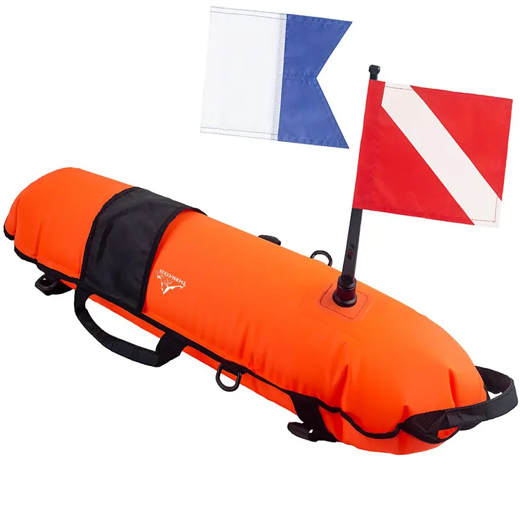 Inflatable Torpedo High Visibility Diver Down Safety Surface Marker Buoy Signal Float with 2 Dive Flags Dry Waterproof Buoy Bag