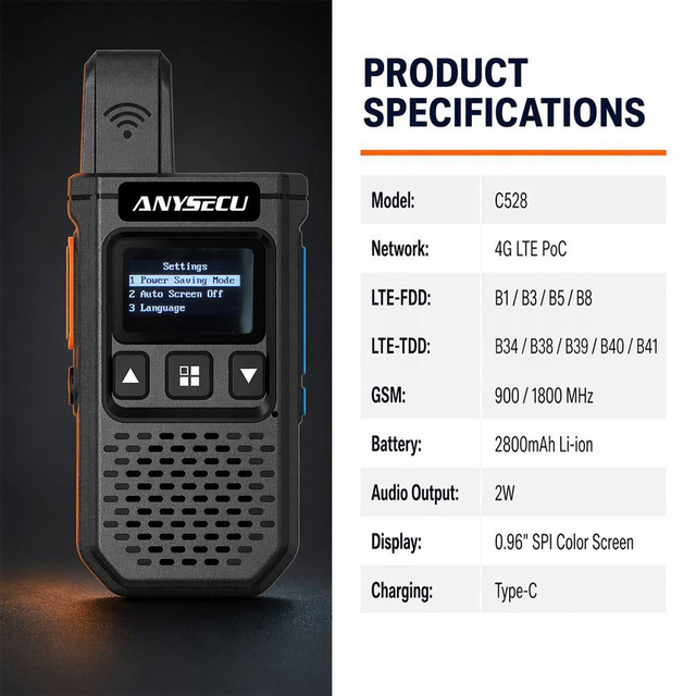 ANYSECU C528 4G LTE Global POC Walkie Talkie 2W 2800mAh Type-C GPS Optional Portable Network Walkie Talkie Radio B38 Intercom