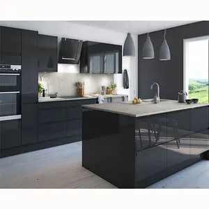 Çağdaş lüks mutfak endüstriyel ada tasarım kabine makineleri parlak siyah ahşap mutfak dolapları
