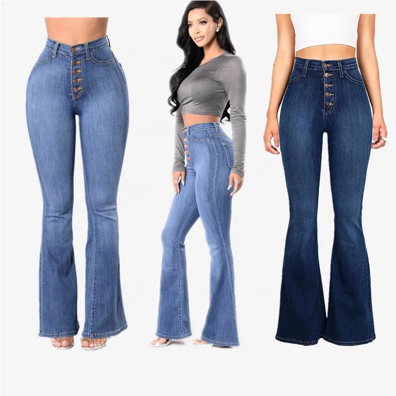 WJ034 ODM OEM high waist mujer flared jeans women blue denim boot cut jeans fashion flare pants custom skinny jeans women