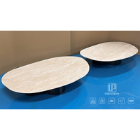 Table basse ovale moderne de style nouveau, plateau en pierre beige, base en piédestal noir, table basse pour salon, hôtel, villa