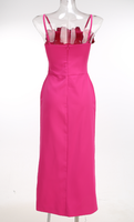 Robe fourreau mi-longue fendue taille haute à col licou et bretelles roses en 3D CA2059 pour soirée mondaine et occasions formelles