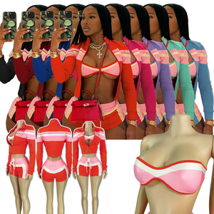 Tuta sportiva personalizzata <span class=keywords><strong>Set</strong></span> di pantaloncini Color Patchwork da donna Casual <span class=keywords><strong>Cardigan</strong></span> con cerniera Cropped <span class=keywords><strong>top</strong></span> Shorts 3 pezzi - Product Image 1