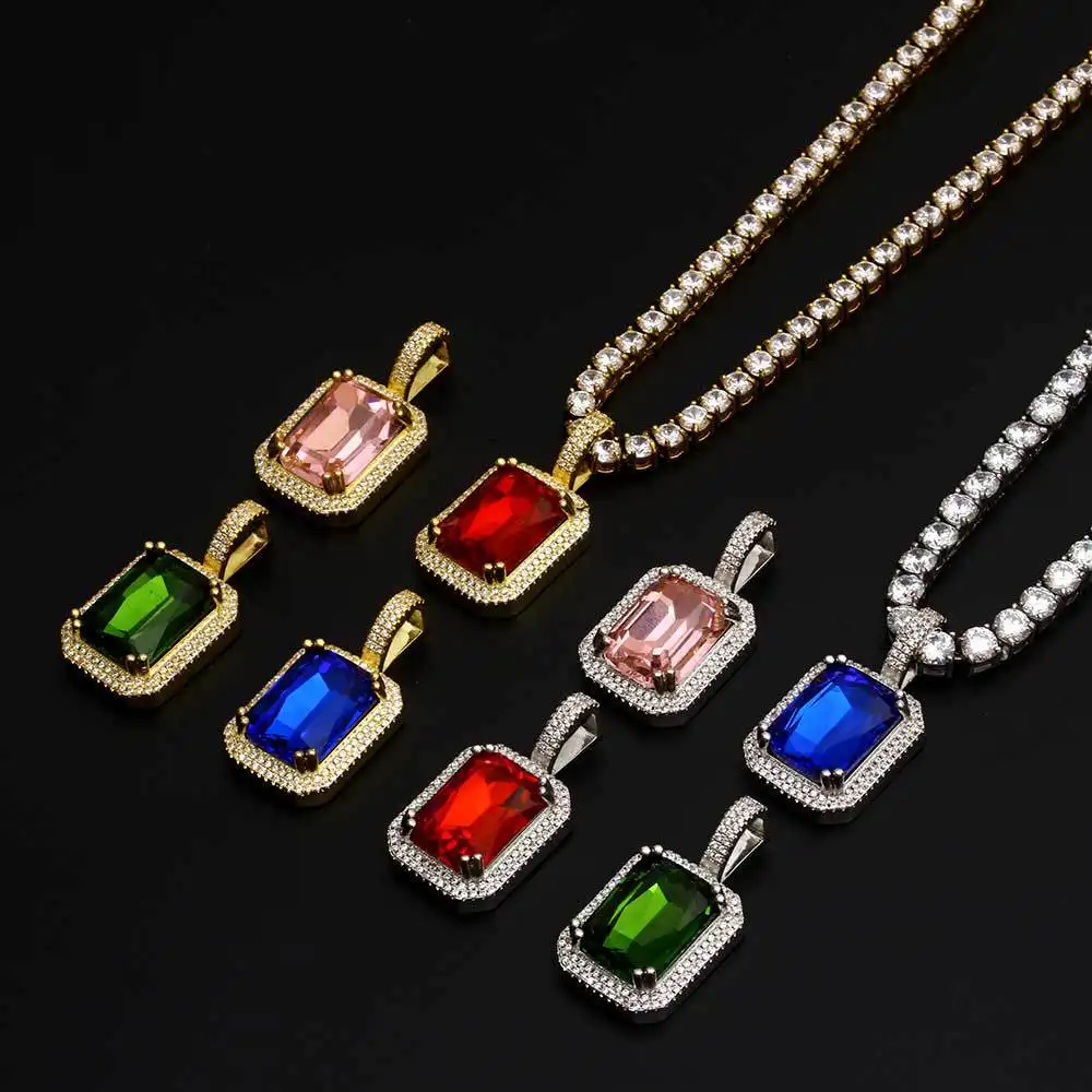 Sidan Popular Hip Hop Jewelry Square Colorful Gem Pendant Necklace Accessories Copper Zircon Fashion Brand Men's Pendant