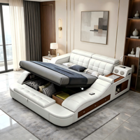 Cadre de lit intelligent en cuir avec haut-parleurs intégrés, taille King/Queen, rangement, massage, inclinable, LED, moderne, luxe, bois massif, lit double