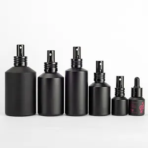 Botol semprot ruangan rumah hitam Matte, kaca kosong miring Label pribadi kemasan kosmetik untuk Toner Serum Minyak