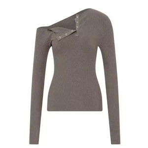 Logo personnalisé nouveau design femmes mode doux luxe tricoté haut côtelé 100% viscose asymétrique <span class=keywords><strong>décolleté</strong></span> tricots <span class=keywords><strong>pull</strong></span> femmes - Product Image 4