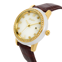 Montre pour homme en jade synthétique de luxe, incrustée de cristaux, mouvement à quartz Miyota, boîtier en alliage IPG, bracelet en cuir PU, étanche 3ATM, DOE/DOM