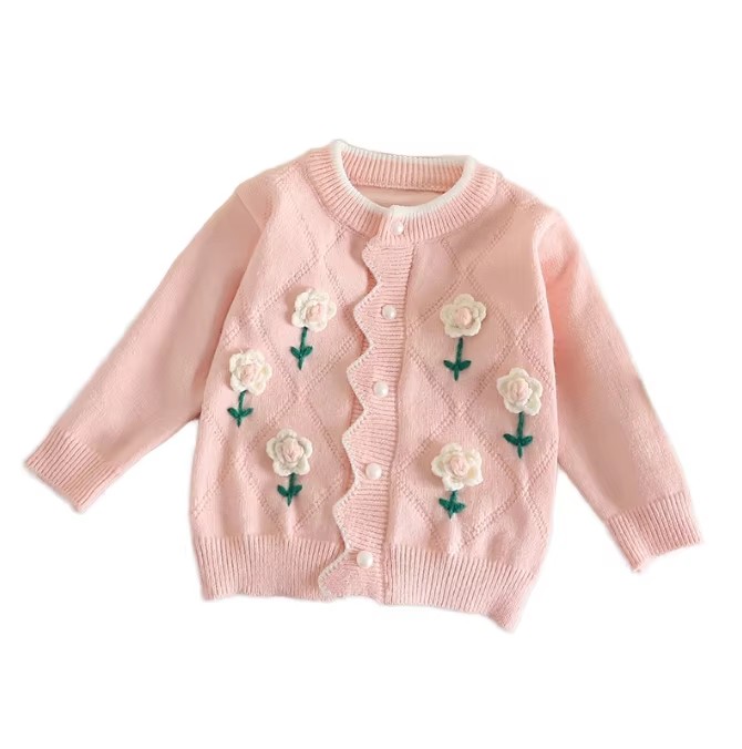 High Quality Girls' Warm Sweater with Knitted White Pink Flowers Latest Design Button Closure Long Length Kids' Clothing