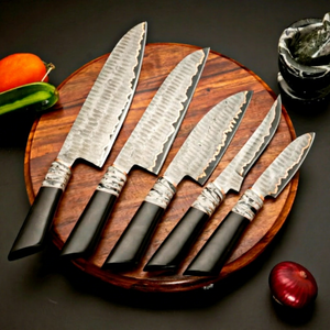 Viking Art FH-112 Custom Handmade 5-Piece Chef <b>Set</b> Copper Damascus Steel Resin Handles Leather Sheath <b>Sharp</b> <b>Knives</b> Ambidextrous - Product Image 1