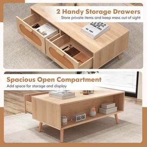 <span class=keywords><strong>Table</strong></span> <span class=keywords><strong>basse</strong></span> en rotin et <span class=keywords><strong>bois</strong></span> de style farmhouse avec 2 tiroirs de rangement, plateau spacieux et polyvalent pour salon - Product Image 4