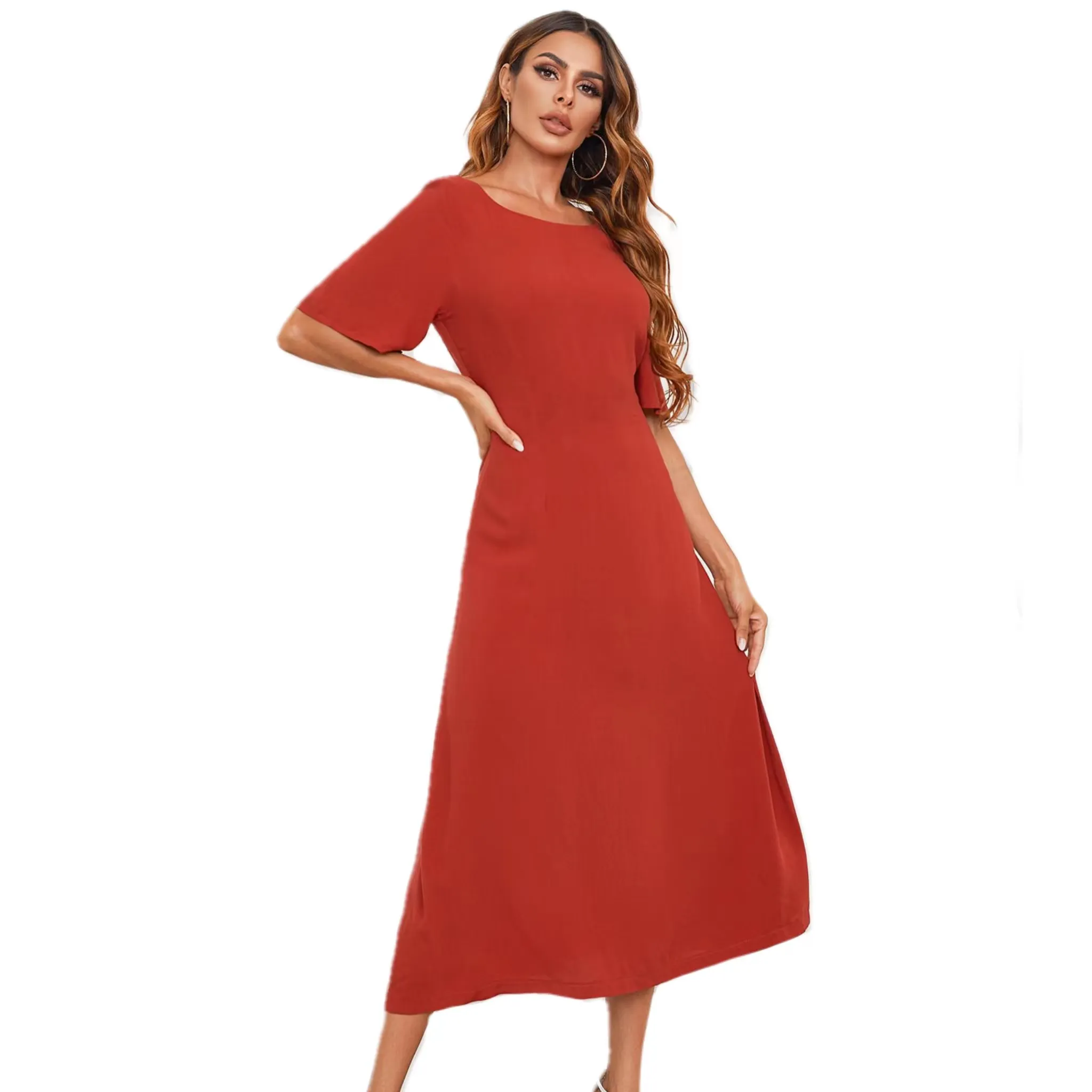Hot Sale Women's Solid Color Temperament Elegant Round Neck One-piece Dress Collect Waist Ladies Long Skirt