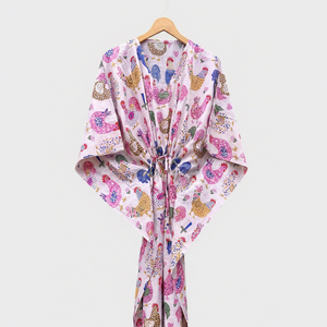Robe Kimono Imprimée Motif Poulet pour Femme, Col en V, Manches Mi-Longues, Longue Tenue d'Intérieur avec Cordon de Serrage - Product Image 1