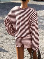 Ensemble de détente rayé Y2K pour femme, sweat-shirt oversize à manches longues et short, ensemble pyjama 2 pièces color block